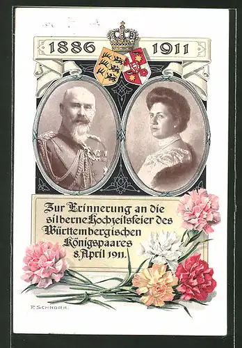 AK Silberne Hochzeit 1911, Porträts des Königspaares von Württemberg
