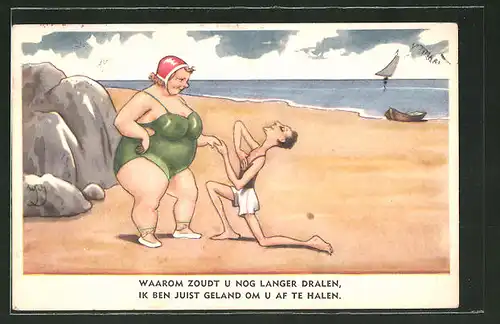 AK "Waarom zoudt u nog langer dralen...", Verehrer kniend vor einer dicken Frau im Bikini am Strand