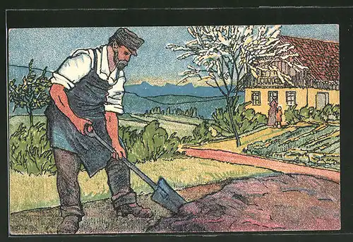 AK Österreichischer Soldat beim Umgraben des Gartens im Frühling, Militärbahn, Balkanzug
