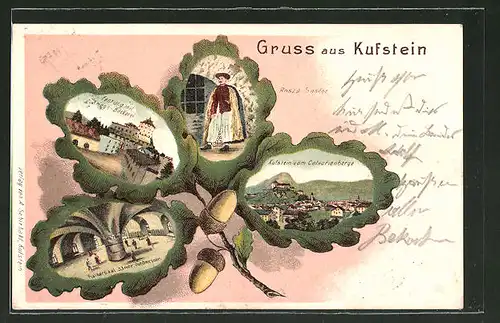 Passepartout-Lithographie Kufstein, Kaisersaal, Festung mit Kriegsbäckerei, Rosza Sandor, Eichenblatt