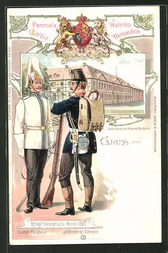 Lithographie Northeim, Garde-Kürassier Kaserne, Kgl. Hannoversche Armee 1866, Garde-Kürassier und Inf. Corporal