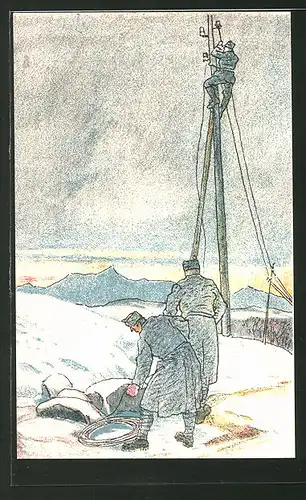 Künstler-AK Pioniere beim Telegraphenleitungsbau, Eisenbahner-Postkarte "Balkanzug"