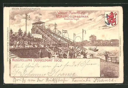 Lithographie Düsseldorf, Ausstellung 1902, Wasser-Rutschbahn im Vergnügungspark