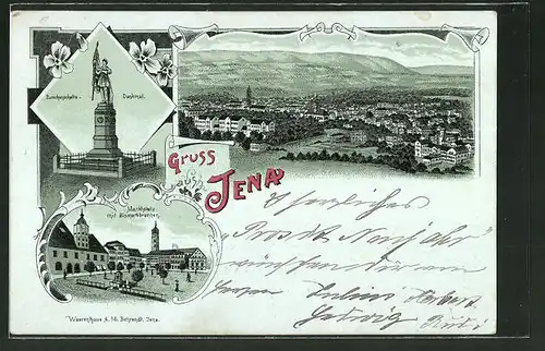 Mondschein-Lithographie Jena, Totalansicht, Burschenschaftsdenkmal, Marktplatz mit Bismarck-Brunnen