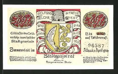 Notgeld Immenstadt 1918, 50 Pfennig, Stadtwappen, Gebirgsjäger mit Pferden