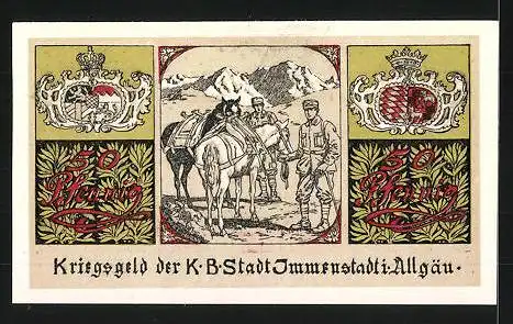 Notgeld Immenstadt 1918, 50 Pfennig, Stadtwappen, Gebirgsjäger mit Pferden