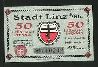 Notgeld Linz am Rhein 1923, 50 Pfennig, Stadtwappen, Gebirge und Weintraube