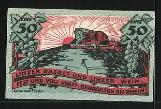 Notgeld Linz am Rhein 1923, 50 Pfennig, Stadtwappen, Gebirge und Weintraube