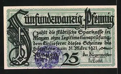 Notgeld Mayen 1921, 25 Pfennig, Schloss Bürresheim und Ortsansicht