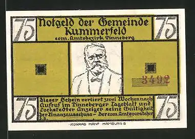 Notgeld Kummerfeld, 75 Pfennig, Fritz-Reuter-Porträt, "De Wett"-Gedicht von Fritz Reuter