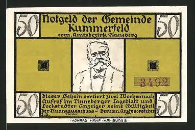 Notgeld Kummerfeld, 50 Pfennig, Fritz-Reuter-Porträt, "De Wett"-Gedicht von Fritz Reuter