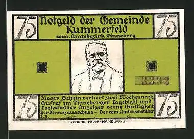 Notgeld Kummerfeld, 75 Pfennig, Fritz-Reuter-Porträt, "De Wett"-Gedicht von Fritz Reuter