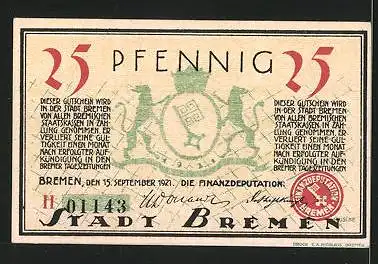 Notgeld Bremen 1921, 25 Pfennig, Stadtwappen, der alte Domshof