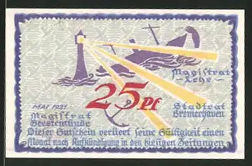 Notgeld Geestemünde 1921, 25 Pfennig, Leuchtturm und Anker, Stadtwappen und Kran