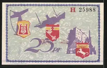 Notgeld Geestemünde 1921, 25 Pfennig, Leuchtturm und Anker, Stadtwappen und Kran