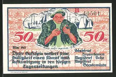 Notgeld Geestemünde 1921, 50 Pfennig, Seemann zündet sich Pfeife an, Pflug und Anker
