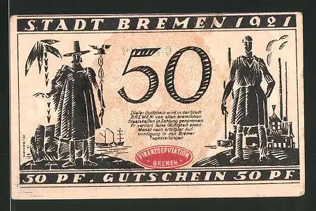Notgeld Bremen 1921, 50 Pfennig, Arzt und Schmied, Ortsansicht