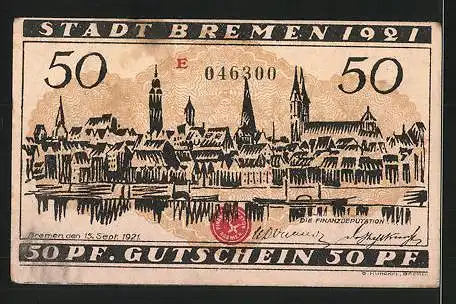 Notgeld Bremen 1921, 50 Pfennig, Arzt und Schmied, Ortsansicht