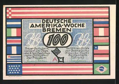 Notgeld Bremen 1923, 100 Pfennig, Stadtwappen und internationale Flaggen, Rathaus