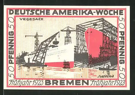 Notgeld Bremen 1923, 50 Pfennig, Stadtwappen und internationale Flaggen, Hafen von Vegesack