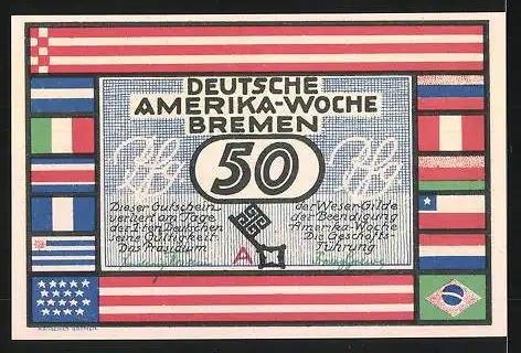 Notgeld Bremen 1923, 50 Pfennig, Stadtwappen und internationale Flaggen, Hafen von Vegesack