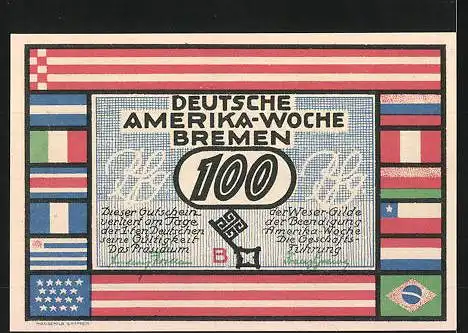 Notgeld Bremen 1923, 100 Pfennig, Stadtwappen und internationale Flaggen, Hafen von New York