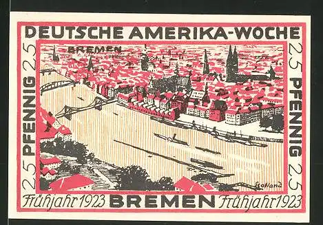 Notgeld Bremen 1923, 25 Pfennig, Stadtwappen und internationale Flaggen, Ortsansicht