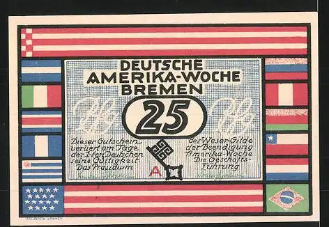 Notgeld Bremen 1923, 25 Pfennig, Stadtwappen und internationale Flaggen, Ortsansicht