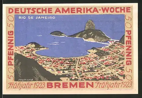 Notgeld Bremen 1923, 50 Pfennig, Stadtwappen und internationale Flaggen, Ortsmotiv von Rio de Janeiro