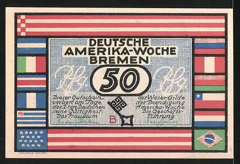 Notgeld Bremen 1923, 50 Pfennig, Stadtwappen und internationale Flaggen, Ortsmotiv von Rio de Janeiro