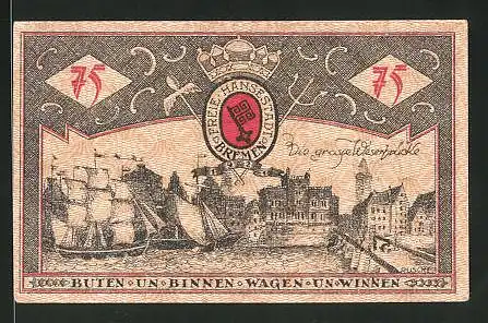 Notgeld Bremen 1921, 75 Pfennig, Stadtwappen, die grosse Weserbrücke