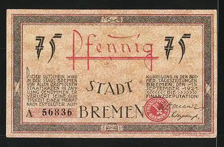 Notgeld Bremen 1921, 75 Pfennig, Stadtwappen, die grosse Weserbrücke