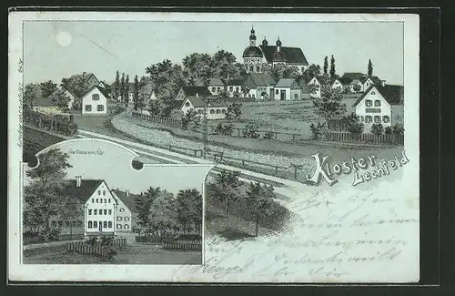 Mondschein-Lithographie Kloster Lechfeld, Ortsansicht, Gasthaus zur Post