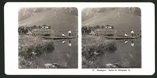 Stereo-Fotografie Fotograf unbekannt, Ansicht Königssee, Männer mit Ruderboot