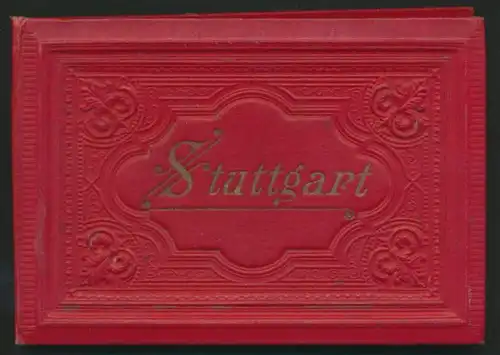 Leporello-Album Stuttgart, mit 24 Lithographie-Ansichten, Bahnhof, Postamt, Gewerbe-Museum, verzierter Einband