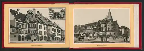 Leporello-Album München, mit 30 Lithographie-Ansichten, Karlsplatz, Feldherrnhalle, Hofbräuhaus, verzierter Einband