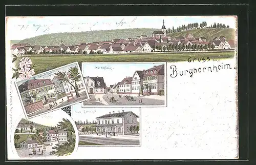 Lithographie Burgbernheim, Gasthof zum Hirschen, Süd-Bahnhof, Marktplatz