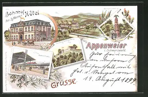 Lithographie Appenweier, Bahnhof-Hotel von I. Werner, Schloss Staufenberg