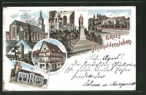 Lithographie Neuhaldensleben, Rathaus, Goldschmied Kühnes Wohnhaus, Roland, Villa Gericke