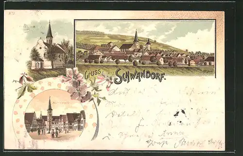 Lithographie Schwandorf, Ortsansicht, Kirche, Marktplatz