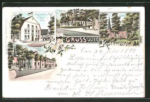 Lithographie Kollmar, Gasthaus zur Post, Schule, Kirche, Gasthaus Magen's