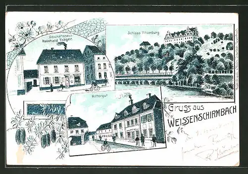 Lithographie Weissenschirmbach, Schloss Vitzenburg, Rittergut, Geschäftshaus Träger