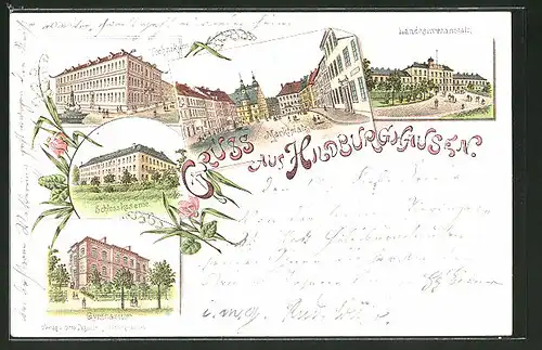 Lithographie Hildburghausen, Technikum, Schlosskaserne, Landesirrenanstalt