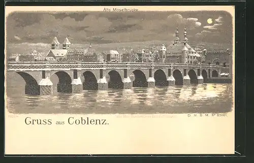 Mondschein-Winter-Lithographie Coblenz, Panoramablick über die Moselbrücke