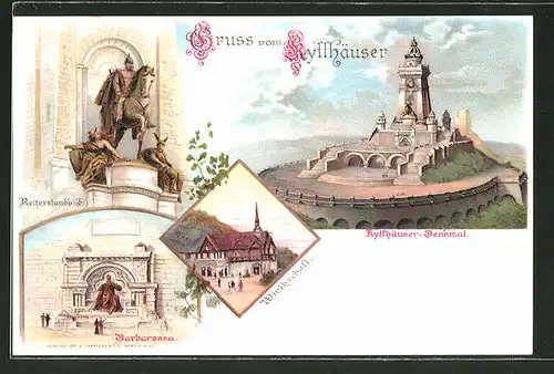Lithographie Kyffhäuser, Denkmal, Barbarossa, Reiterstandbild