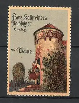 Reklamemarke Franz Kathreiners Nachfolger GmbH, Weine, Winzer schleppt Flaschen aus dem Weinkeller