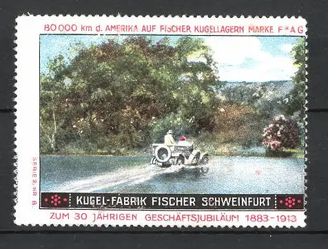 Reklamemarke Schweinfurt, Kugel-Fabrik Fischer FAG Kugellager, Fischer Auto bei Testfahrt in der USA