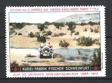 Reklamemarke Schweinfurt, Kugel-Fabrik Fischer FAG Kugellager, Fischer Auto bei 80.000 Km Testfahrt in der USA