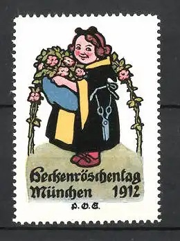 Künstler-Reklamemarke P. O. Engelhard, München, Heckenröschen-Tag 1912, Münchner Kindl mit Blumenstrauss