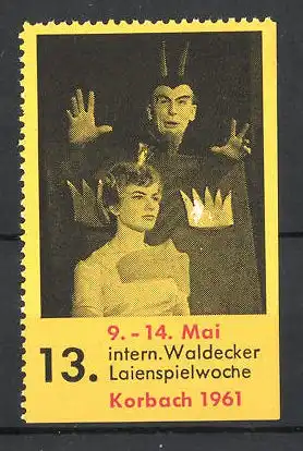 Reklamemarke Korbach, 13. Int. Waldecker Laienspielwoche 1961, Teufel während einer Bühnenszene